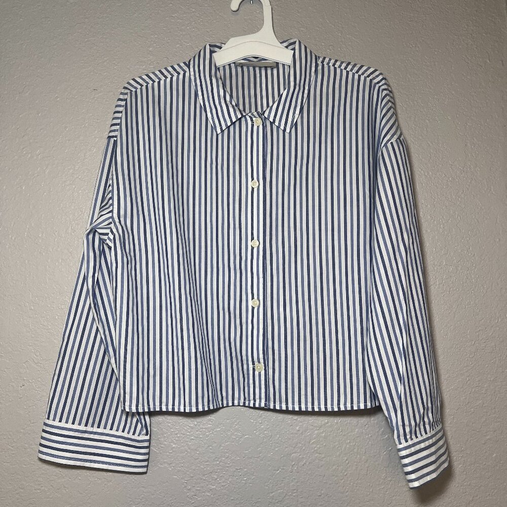 Everlane Blue White Stripe Cotton Button Down Long Sleeve Top Preppy Minimalist